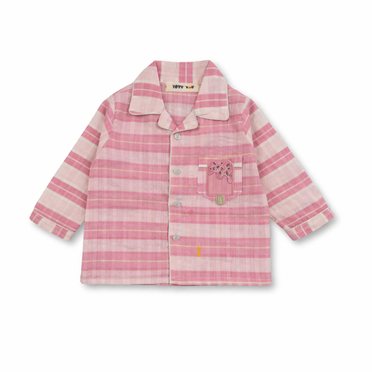 Cotton Pajama Set – Pink Striped Nightsuit with Ice Cream Patch