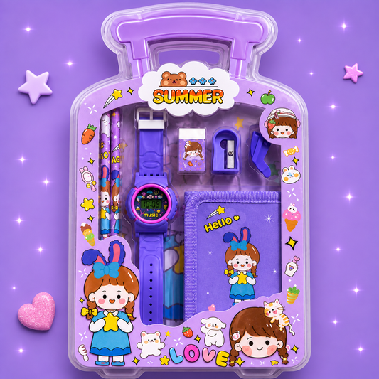 iLearnNGrow Luggage Packing Stationery Rakhi Combo – Complete School Essentials Gift Set with Watch, Wallet & Rakhi- Purple