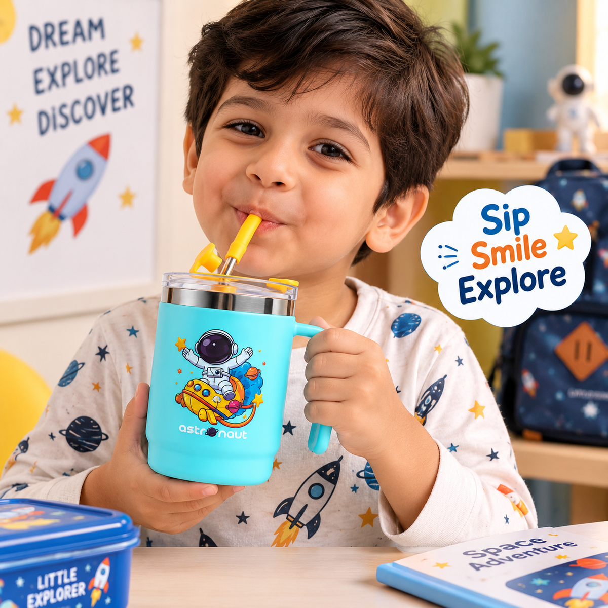 iLearnNGrow Space Sipper Bottle – Kids Sipper Bottle with Straw | Cute Space Water Bottle