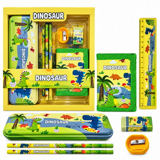 iLearnNGrow Dino Theme Stationery Rakhi Combo – Dino Pencil Box Set with Dino Rakhi for Kids