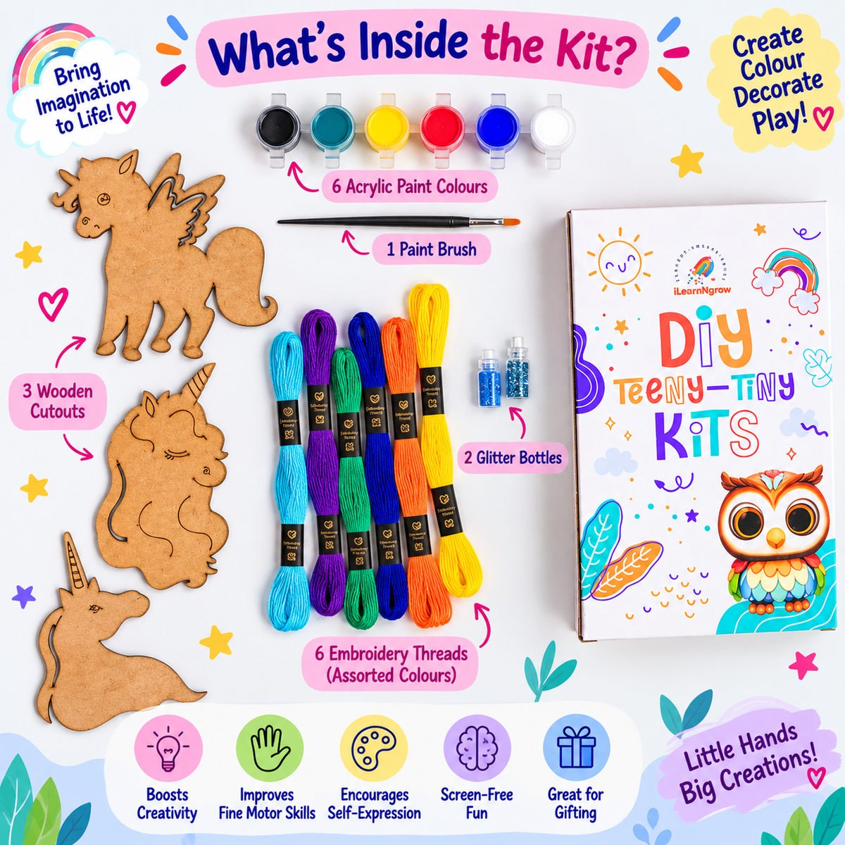 Teeny Tiny DIY Unicorn Thread Craft Kit for Kids – Paint, Glitter & Thread Craft Set | iLearnNGrow