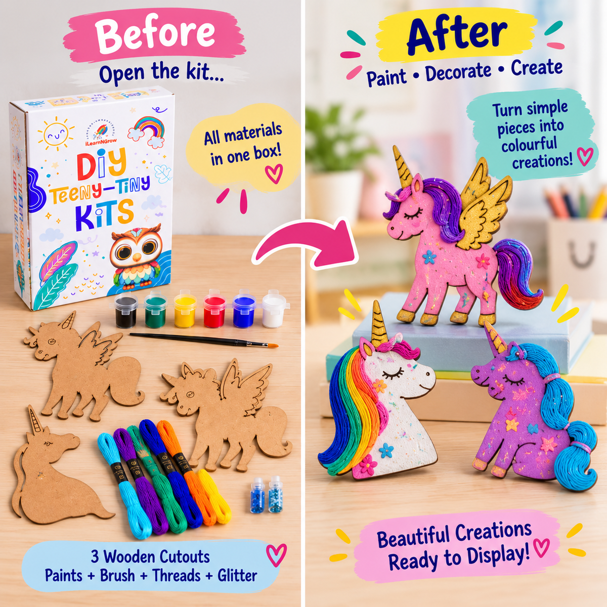 Teeny Tiny DIY Unicorn Thread Craft Kit for Kids – Paint, Glitter & Thread Craft Set | iLearnNGrow