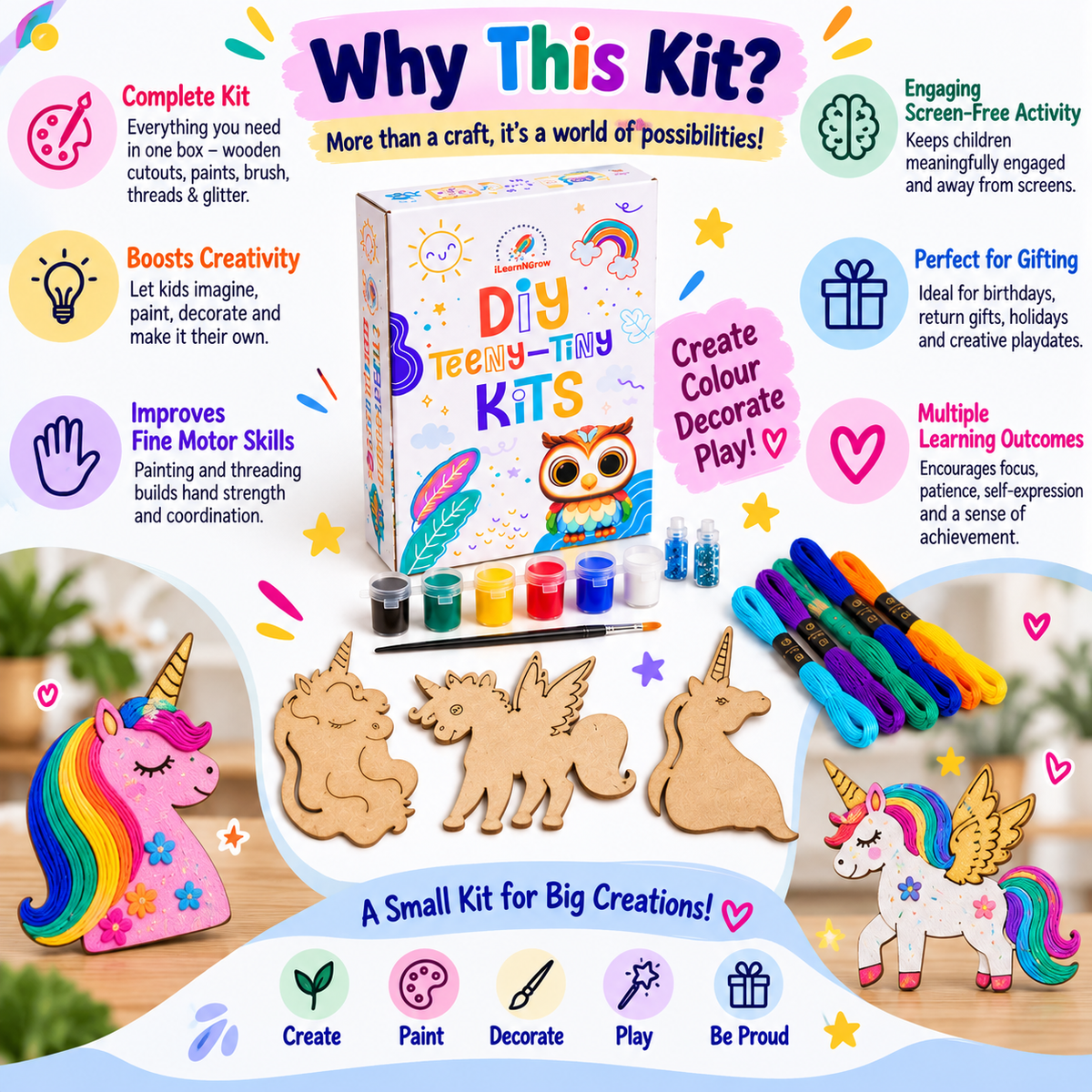 Teeny Tiny DIY Unicorn Thread Craft Kit for Kids – Paint, Glitter & Thread Craft Set | iLearnNGrow