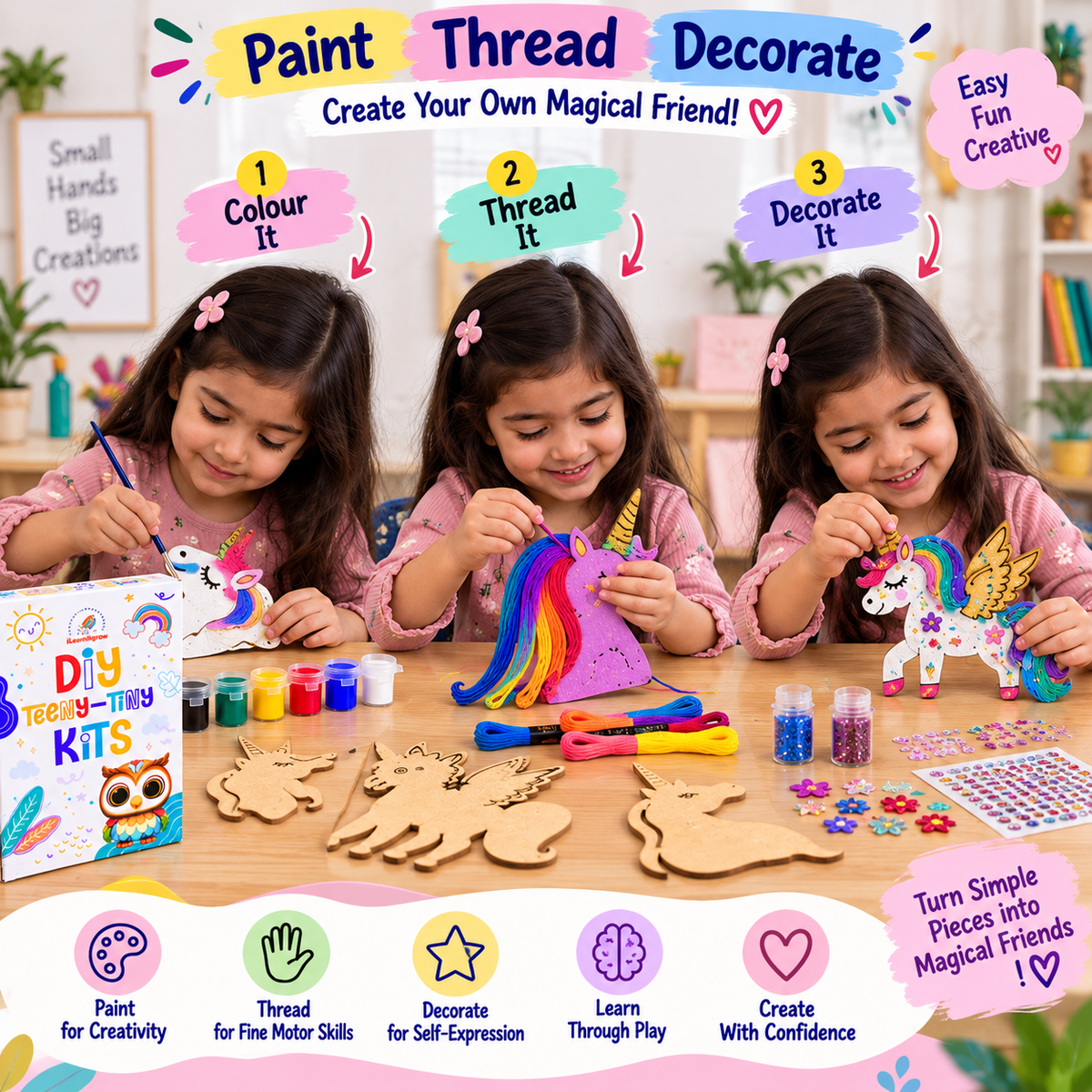 Teeny Tiny DIY Unicorn Thread Craft Kit for Kids – Paint, Glitter & Thread Craft Set | iLearnNGrow