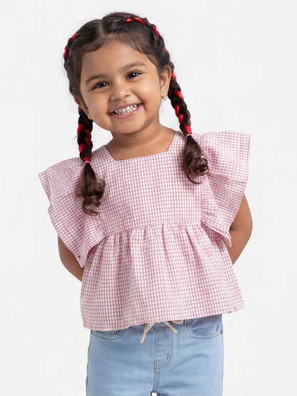 Checked Flounce Sleeve Top for Girls in Red