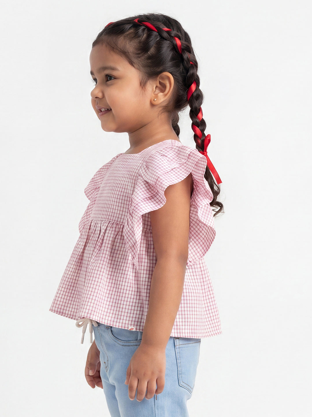 Checked Flounce Sleeve Top for Girls in Red