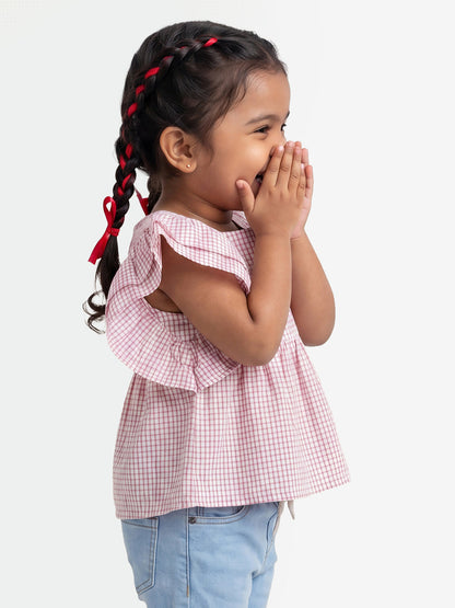 Checked Flounce Sleeve Top for Girls in Red