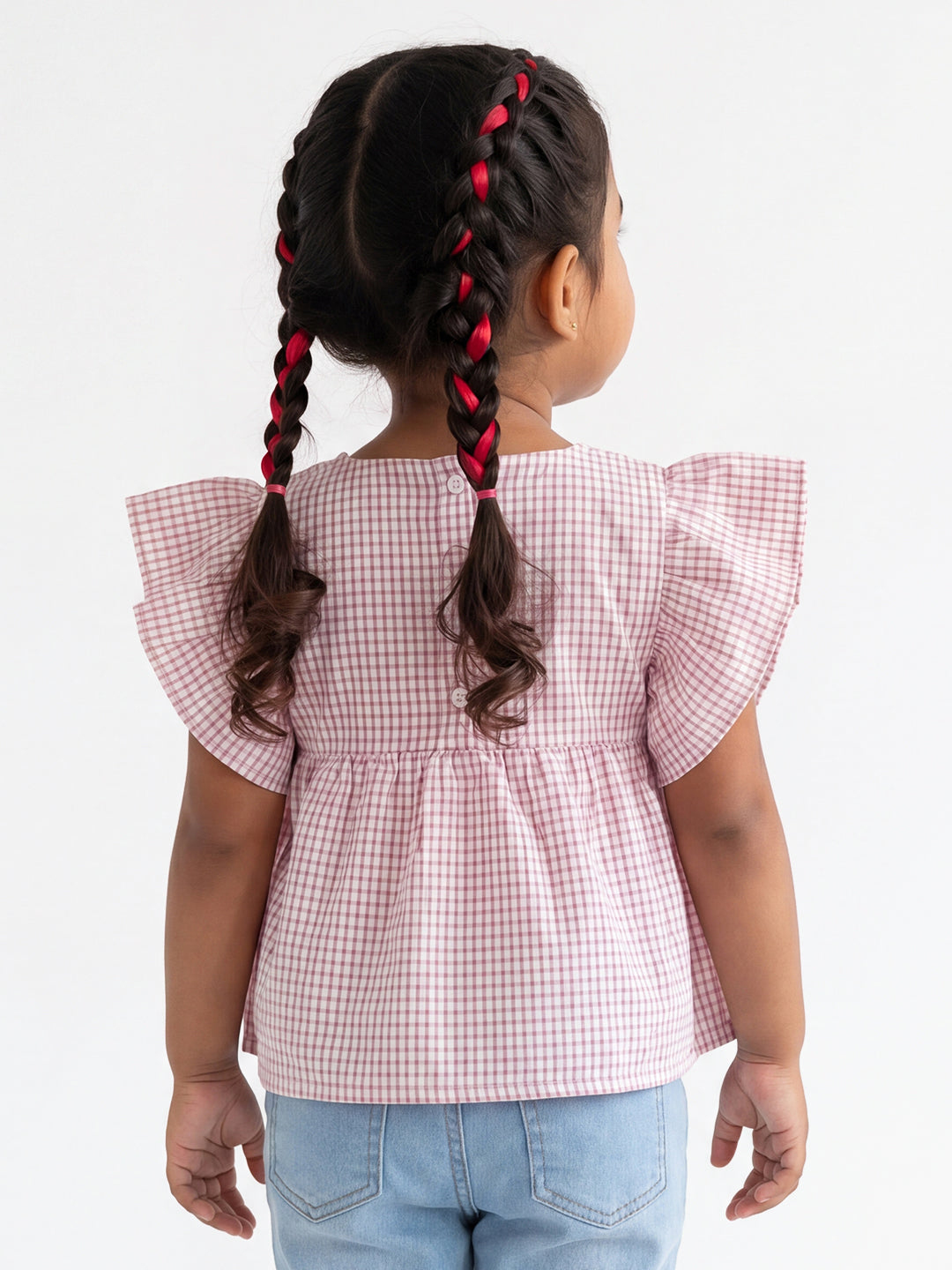 Checked Flounce Sleeve Top for Girls in Red