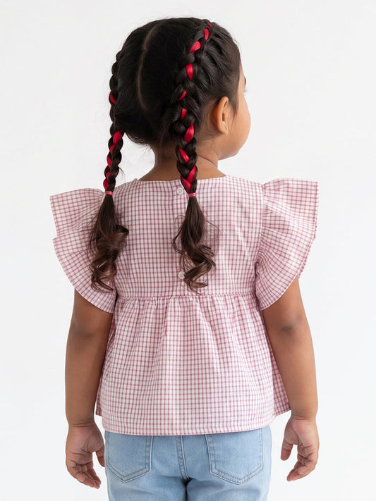 Checked Flounce Sleeve Top for Girls in Red