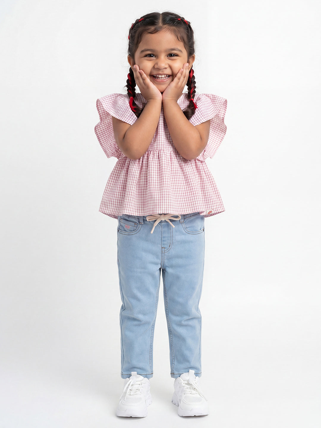 Checked Flounce Sleeve Top for Girls in Red