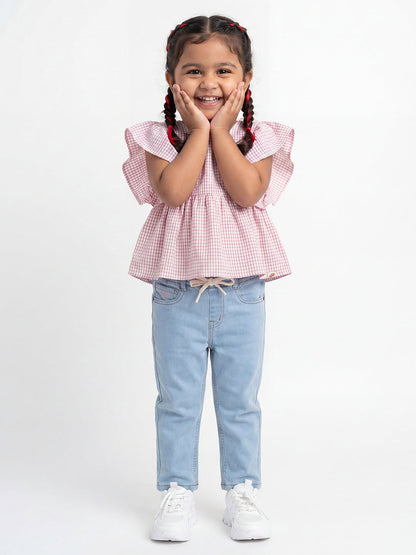 Checked Flounce Sleeve Top for Girls in Red