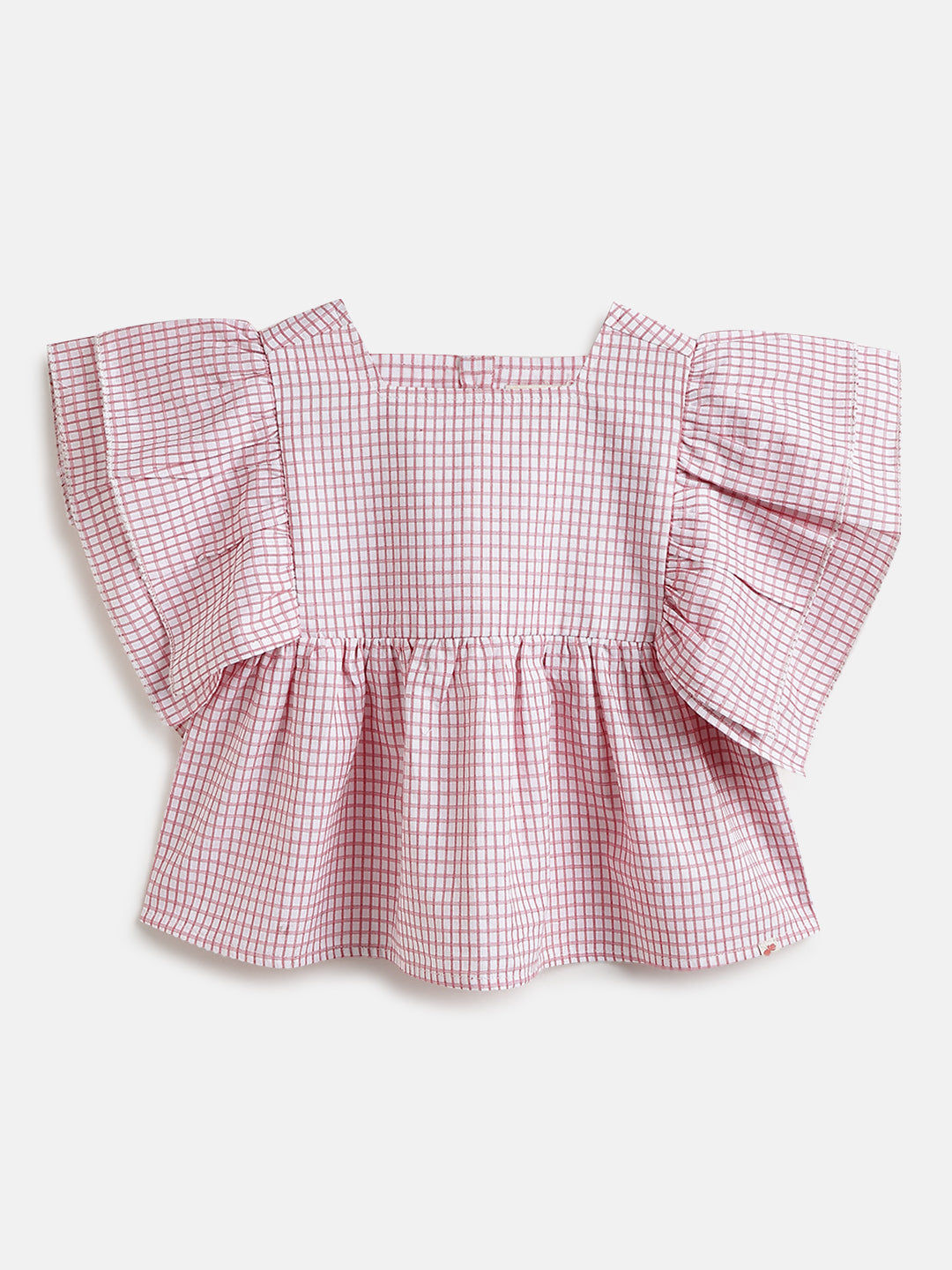 Checked Flounce Sleeve Top for Girls in Red