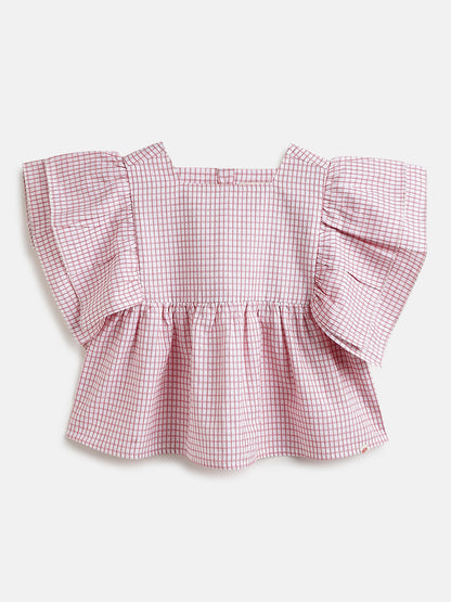 Checked Flounce Sleeve Top for Girls in Red