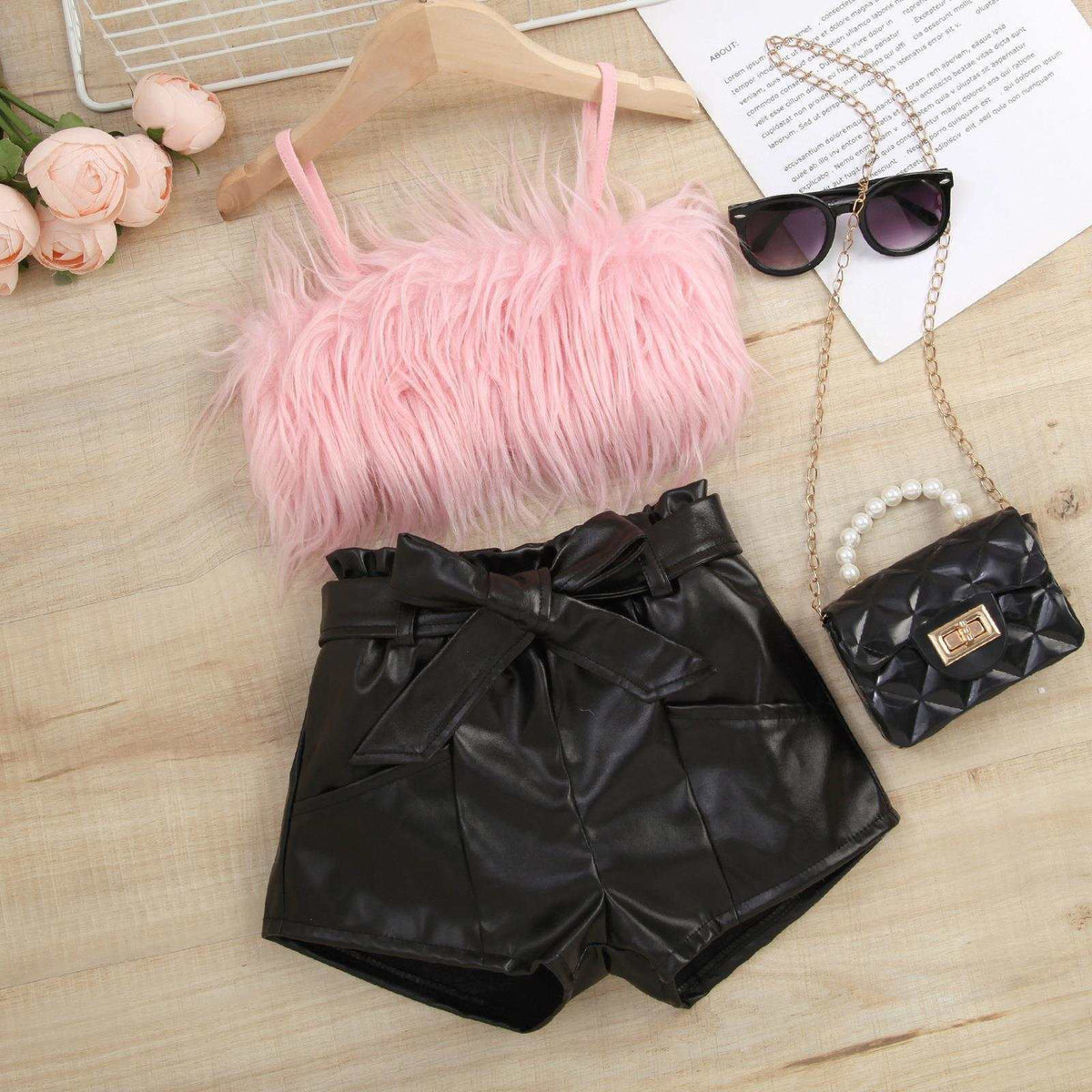 Baby Girl Suspender Furry Top And Solid Color Leather Shorts – Pink