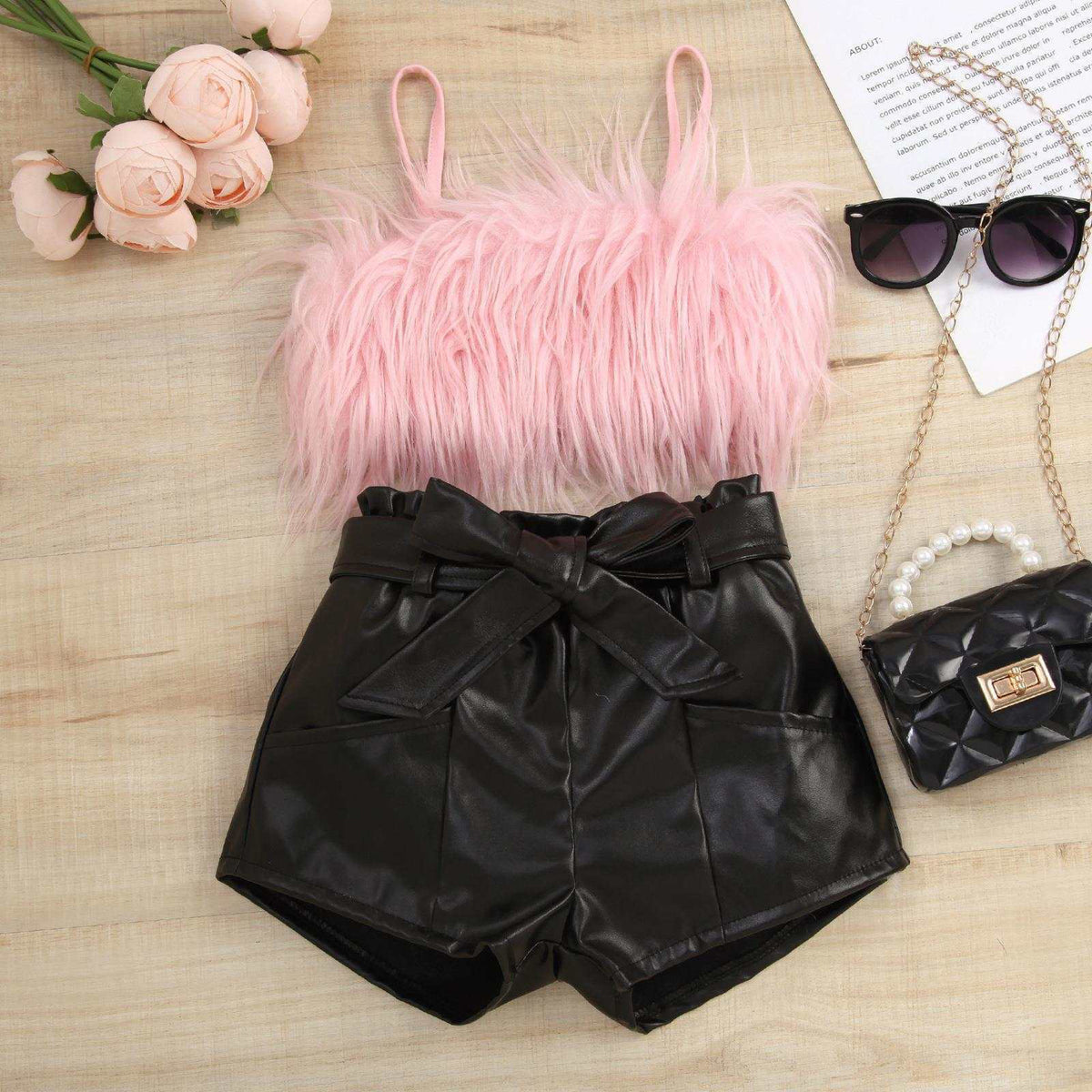 Baby Girl Suspender Furry Top And Solid Color Leather Shorts – Pink