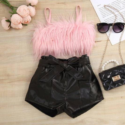 Baby Girl Suspender Furry Top And Solid Color Leather Shorts – Pink