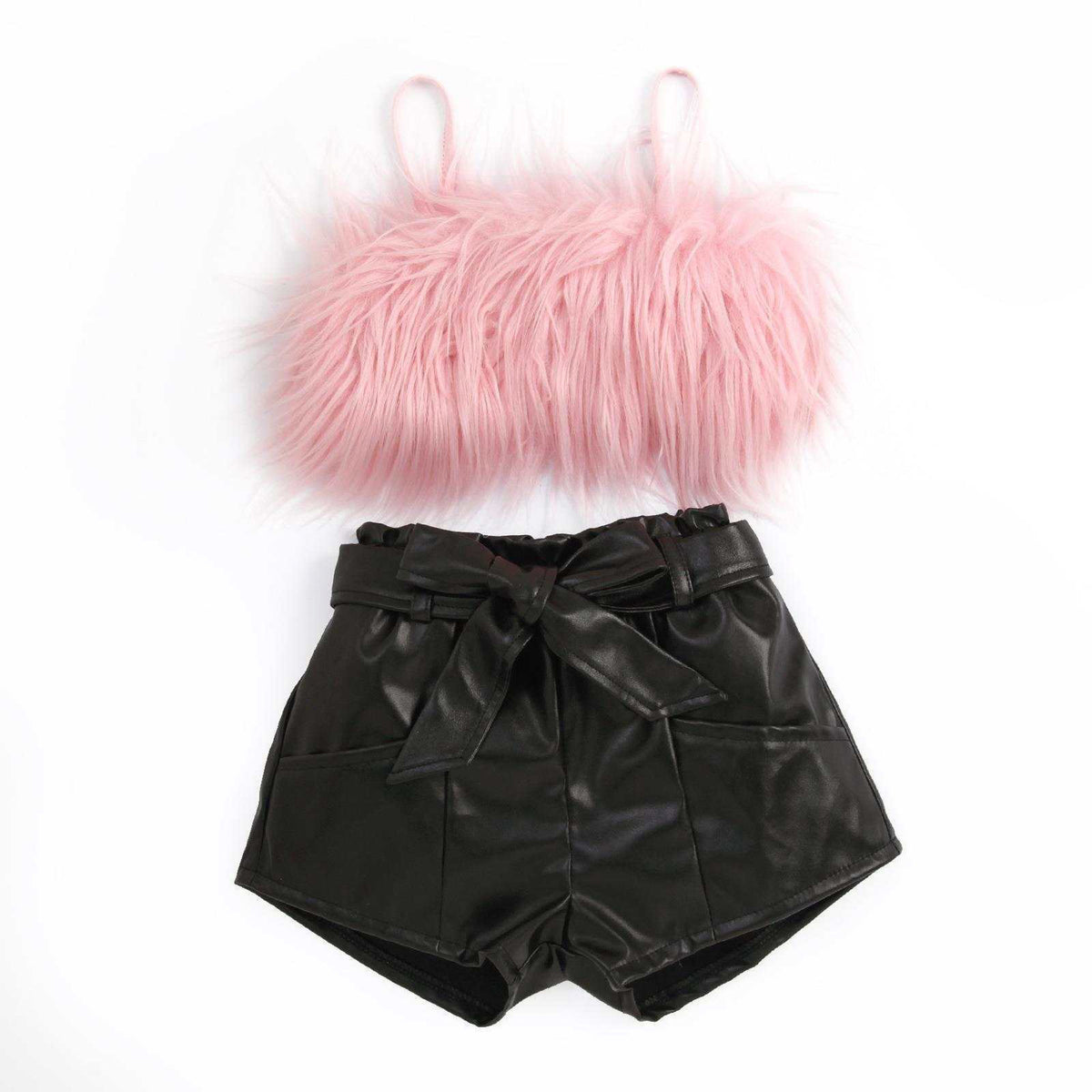 Baby Girl Suspender Furry Top And Solid Color Leather Shorts – Pink