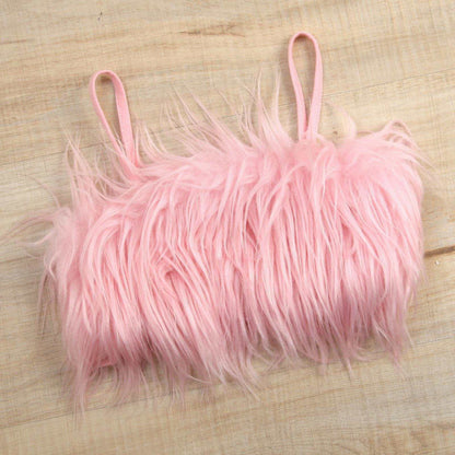 Baby Girl Suspender Furry Top And Solid Color Leather Shorts – Pink