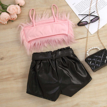 Baby Girl Suspender Furry Top And Solid Color Leather Shorts – Pink