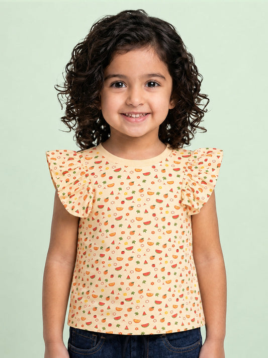 Frill on my Sleeve Fruity Print T-shirt for Girls (Cream)