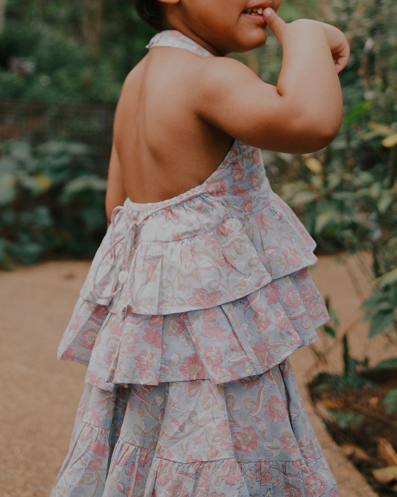 Flutter sky blue butterfly halter top skirt co-ord
