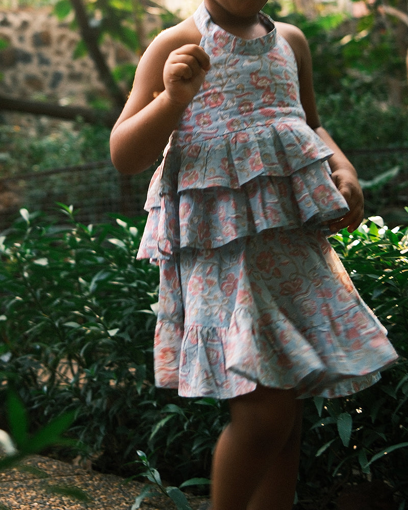 Flutter sky blue butterfly halter top skirt co-ord