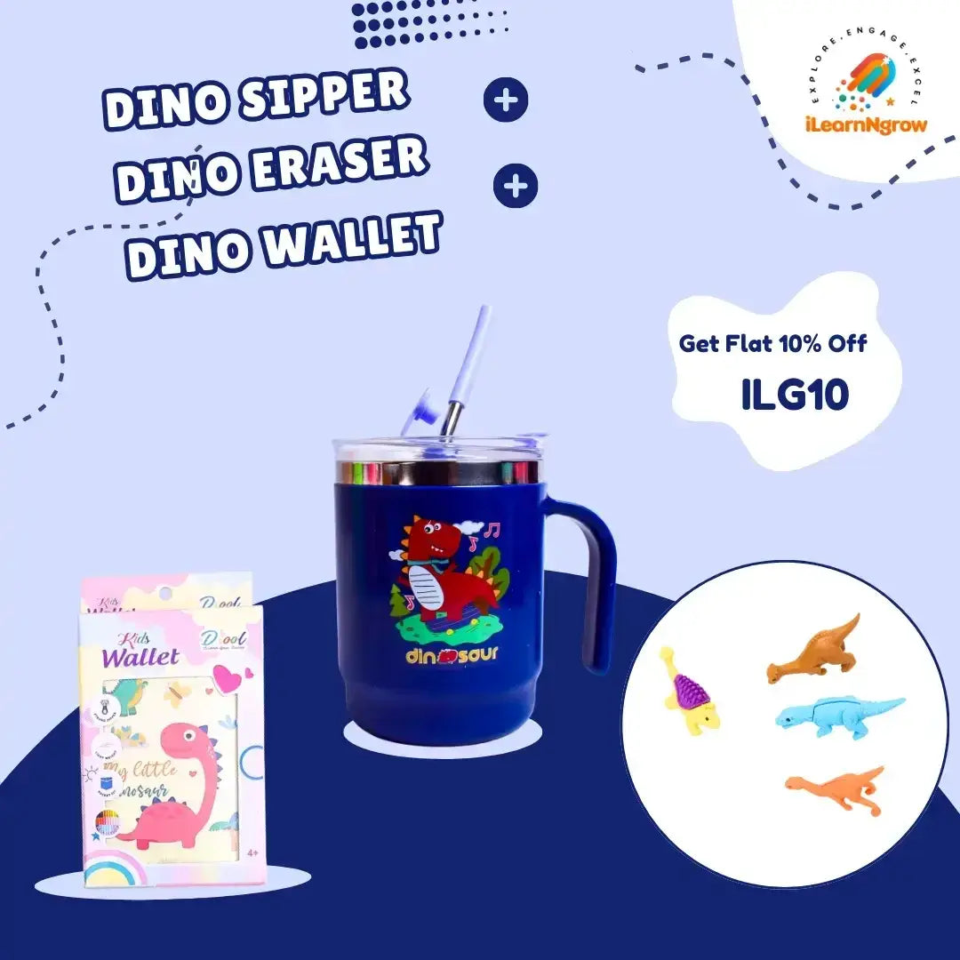 Dinosaur Theme Gift Bundle for Kids Sipper Bottle, Eraser & Wallet
