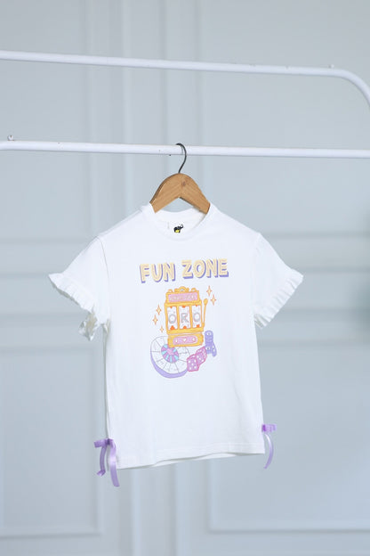 ELIZA Bamboo Graphic T-Shirt – Fun Zone Print Girls Tee with Bow Detail