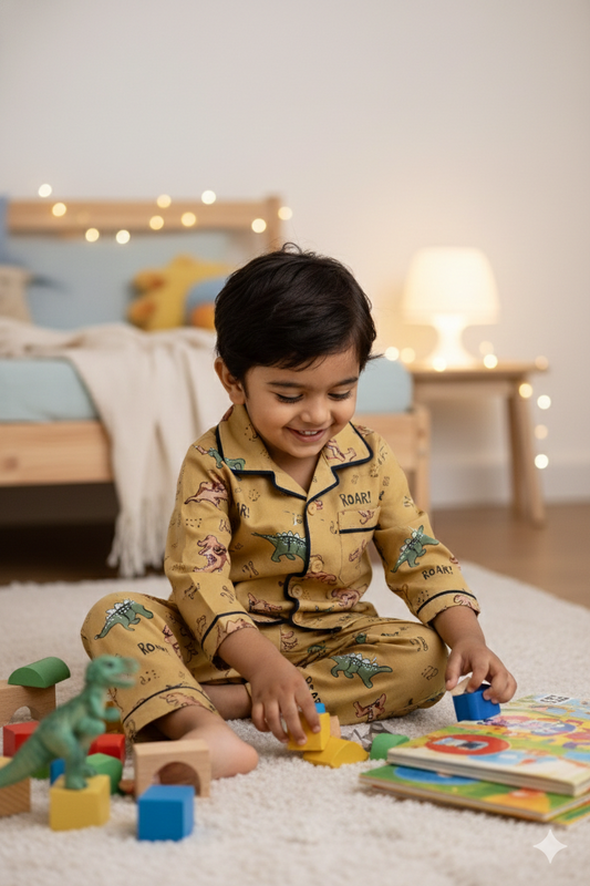 Boys Cotton Dinosaur Print Nightsuit Set (Shirt & Pajama) – Brown