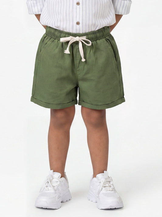 Summer Vibes Striped Shorts for Boys in Olive Green