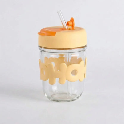 HOHO Cute Glass Milk Jar with Straw & Silicone Lid