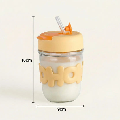 HOHO Cute Glass Milk Jar with Straw & Silicone Lid