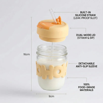 HOHO Cute Glass Milk Jar with Straw & Silicone Lid