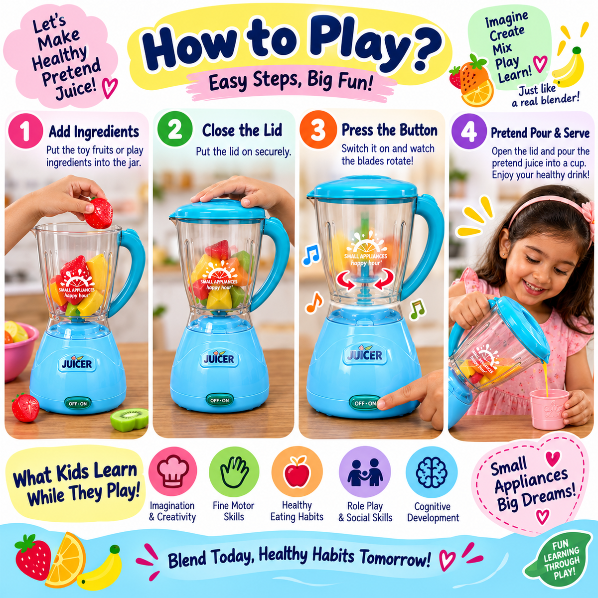 iLearnNGrow Pretend Play Juicer Mixer Toy for Kids | Rotating Blade with Sound Effects | Kitchen Appliance Role Play Toy for Boys & Girls 3+ Years