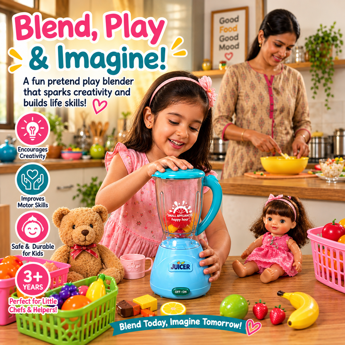 iLearnNGrow Pretend Play Juicer Mixer Toy for Kids | Rotating Blade with Sound Effects | Kitchen Appliance Role Play Toy for Boys & Girls 3+ Years