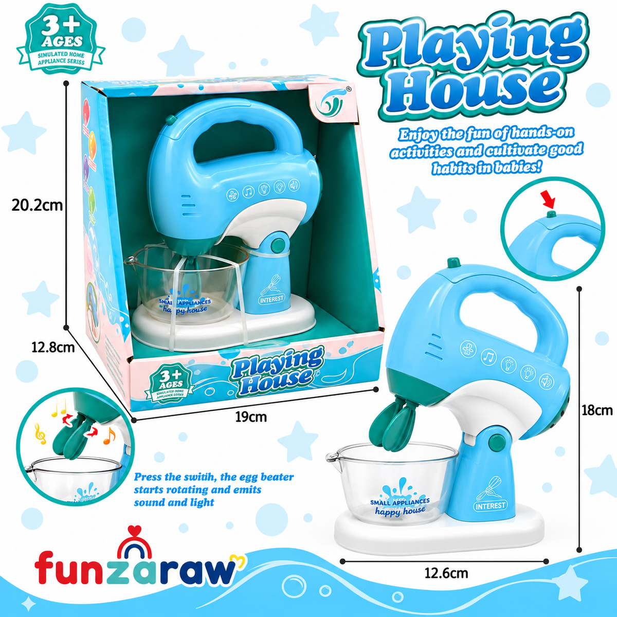 iLearnNGrow Pretend Play Hand Blender Mixer Toy for Kids | Light & Sound Kitchen Appliance Set with Rotating Beater | Role Play Cooking Toy for Boys & Girls 3+ Years