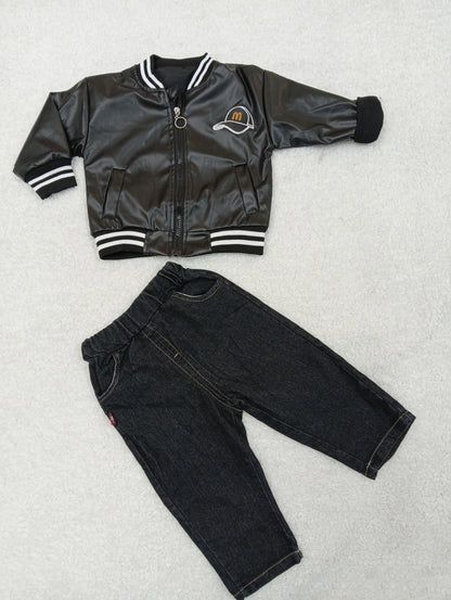 Black Leather Jacket with Blue Denims