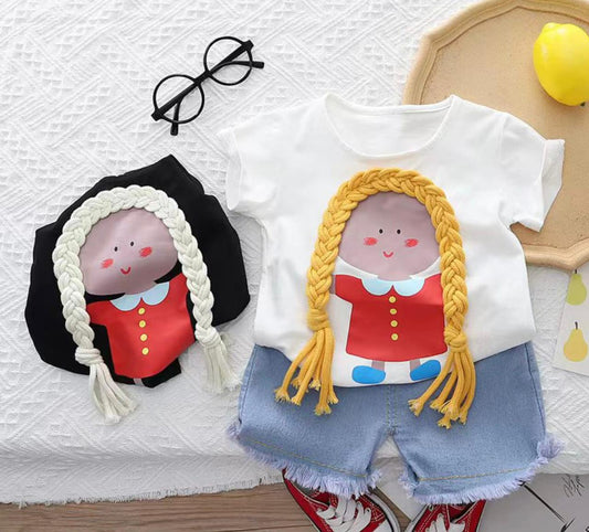 Black Pony Tail With Denim Shorts Top+Shorts for kids