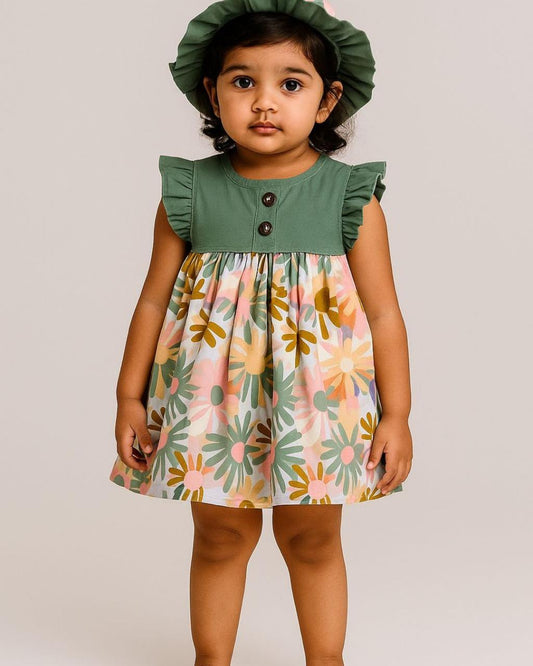 Flower Frock With Hat Green for kids