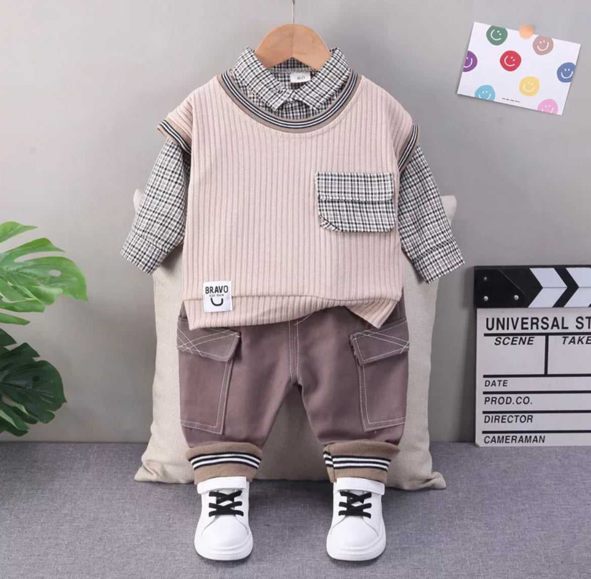 Baby Boy Check Print Shirt Pants & Sweater Set