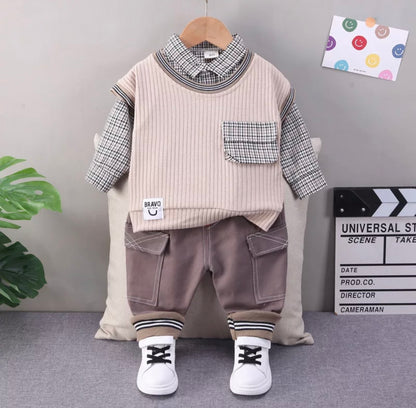 Baby Boy Check Print Shirt Pants & Sweater Set Blue Sets for kids