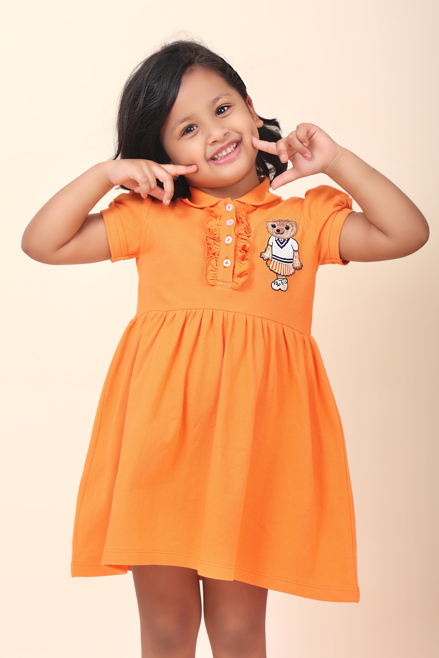 Orange Polo Dress With Gathers At Waist And Hand Embellishment