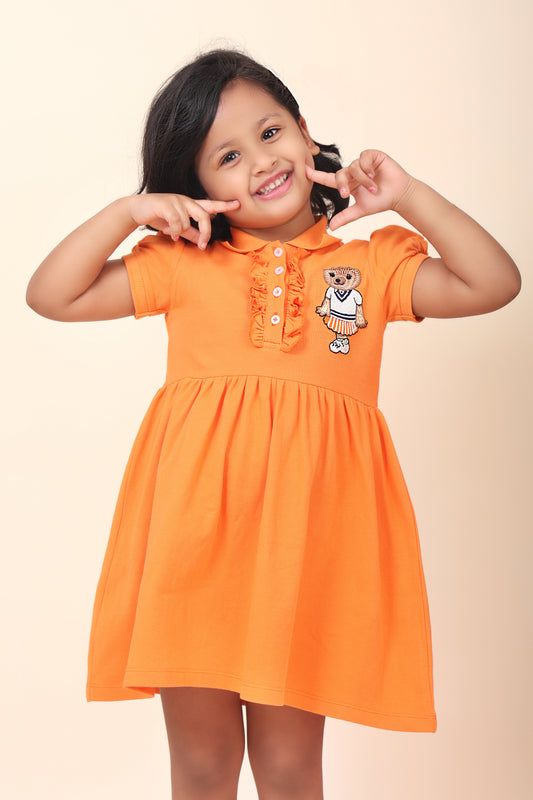 Orange Polo Dress With Gathers At Waist And Hand Embellishment