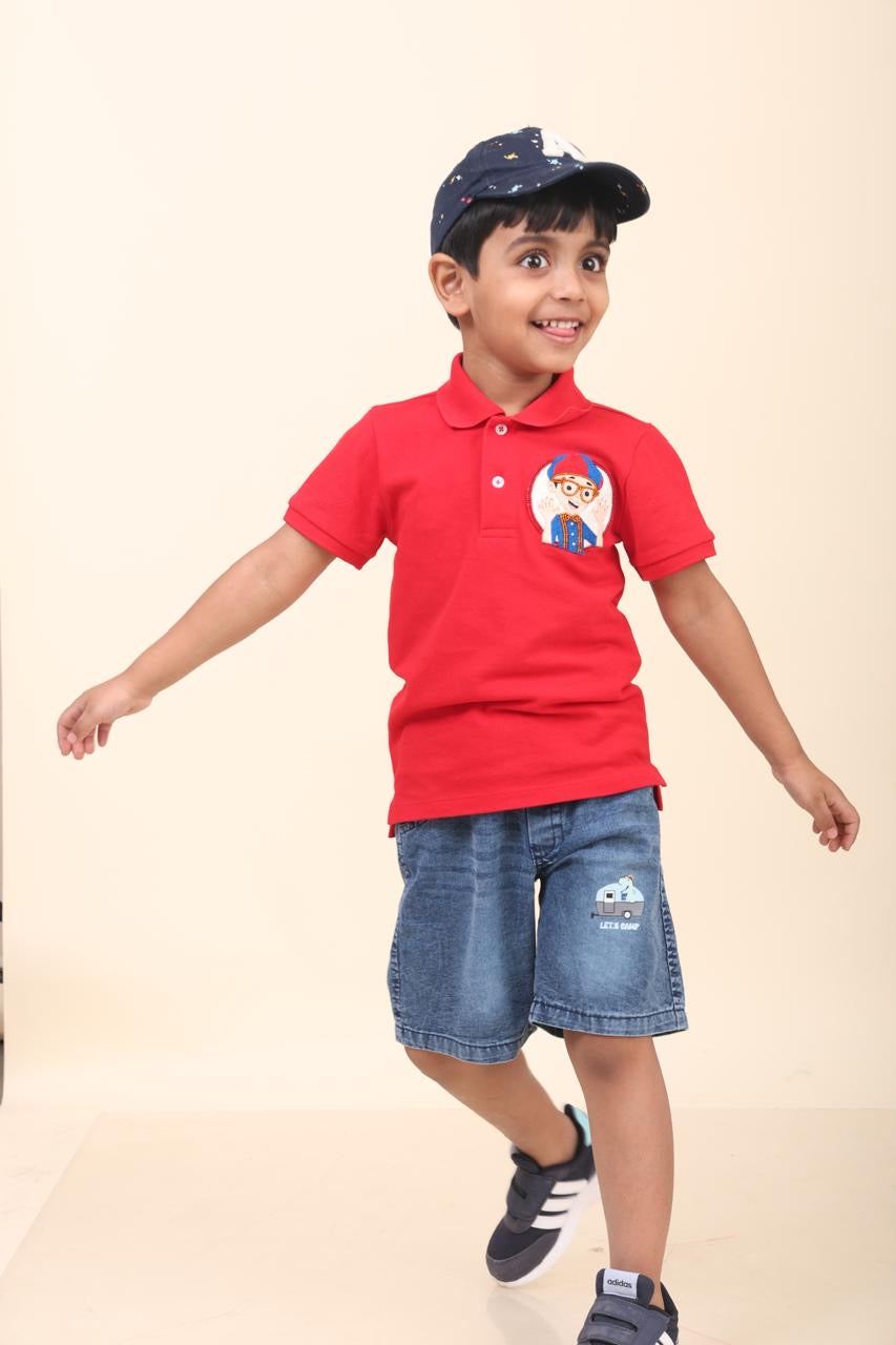 Red Polo T-Shirt With Hand-Made Blippi Embllishment