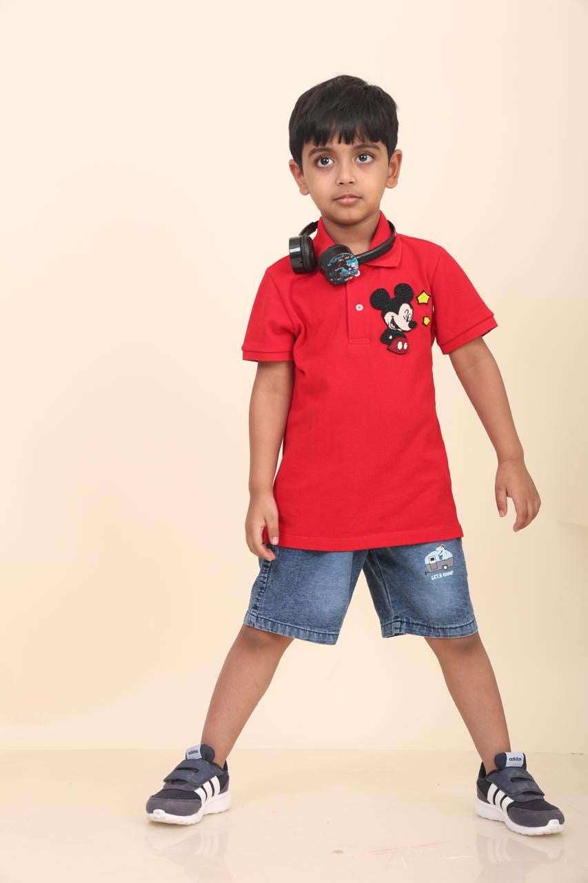 Red Polo T-Shirt With Hand-Made Mickey Mouse Embellishment