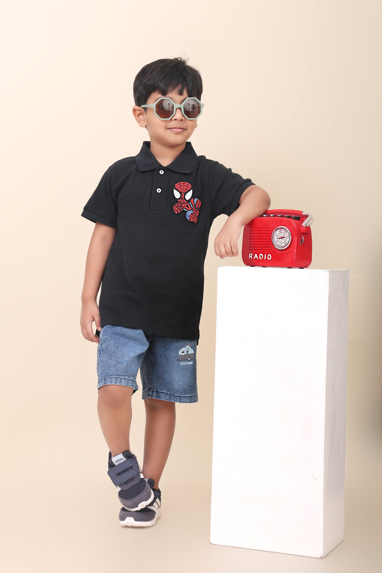 Black Polo T-Shirt With Hand-Made Spiderman Embellishment