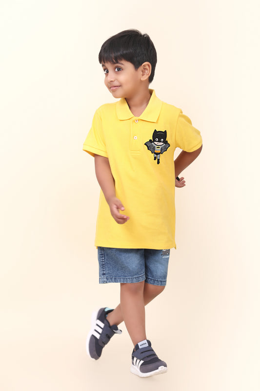 Yellow Polo T-Shirt With Hand-Made Batman Embellishment