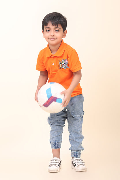 Orange Polo T-Shirt With Hand-Made Tom & Jerry Embellishment