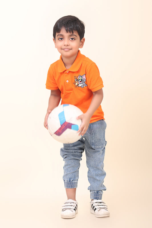 Orange Polo T-Shirt With Hand-Made Tom & Jerry Embellishment
