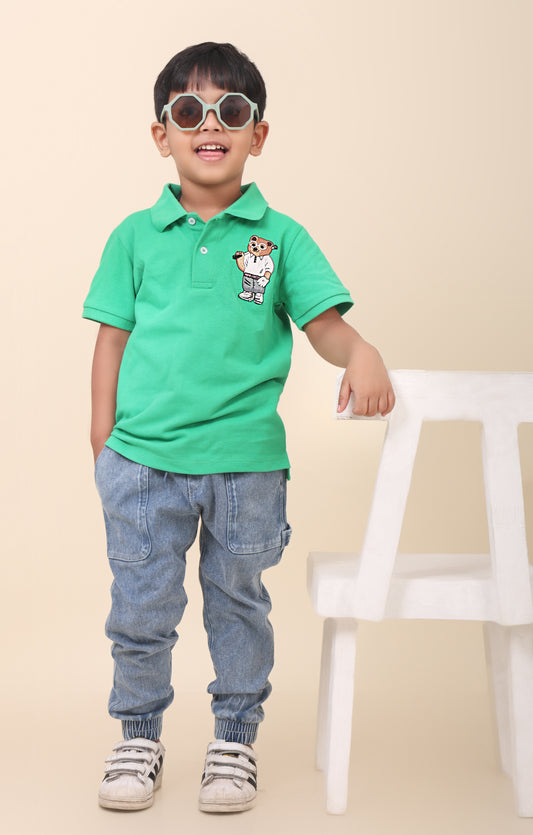 Green Polo T-Shirt For Boys With Hand Embellishment